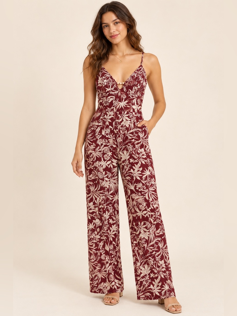 A New Day Burgundy Floral Wide-Leg Jumpsuit